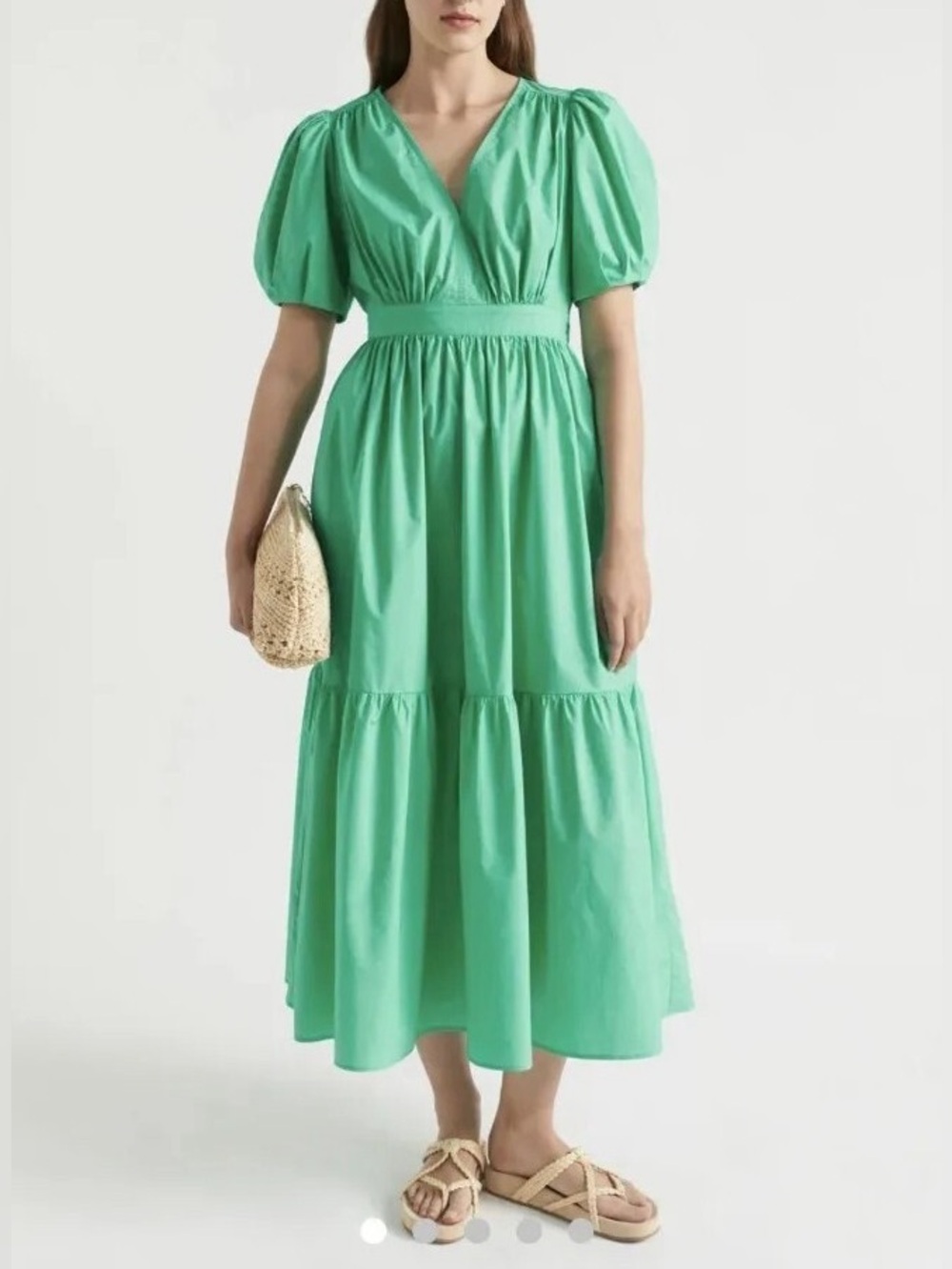 Seed Heritage Poplin Waisted Maxi Dress Jade Green Puff Sleeve V-Neck Size: US 8
